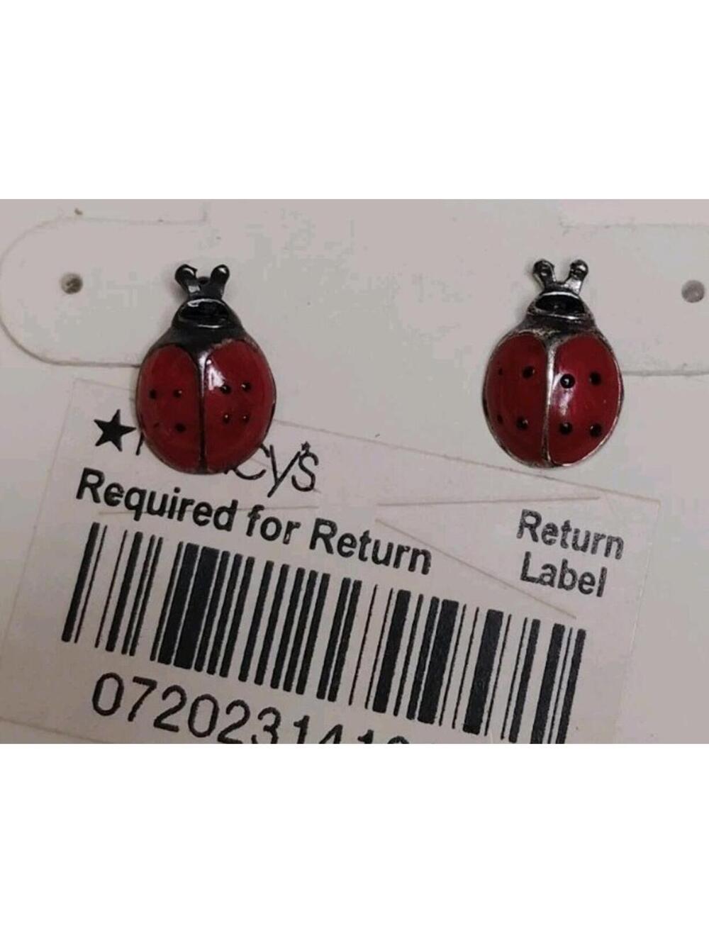 Solid 925 Sterling Silver Macy's Red Ladybug Stud Enamel Earrings